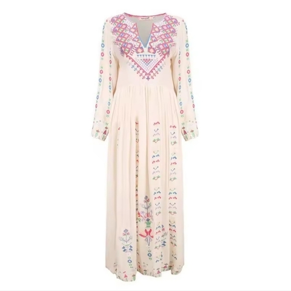 Bohemian Embroidered Maxi Dress in Cream